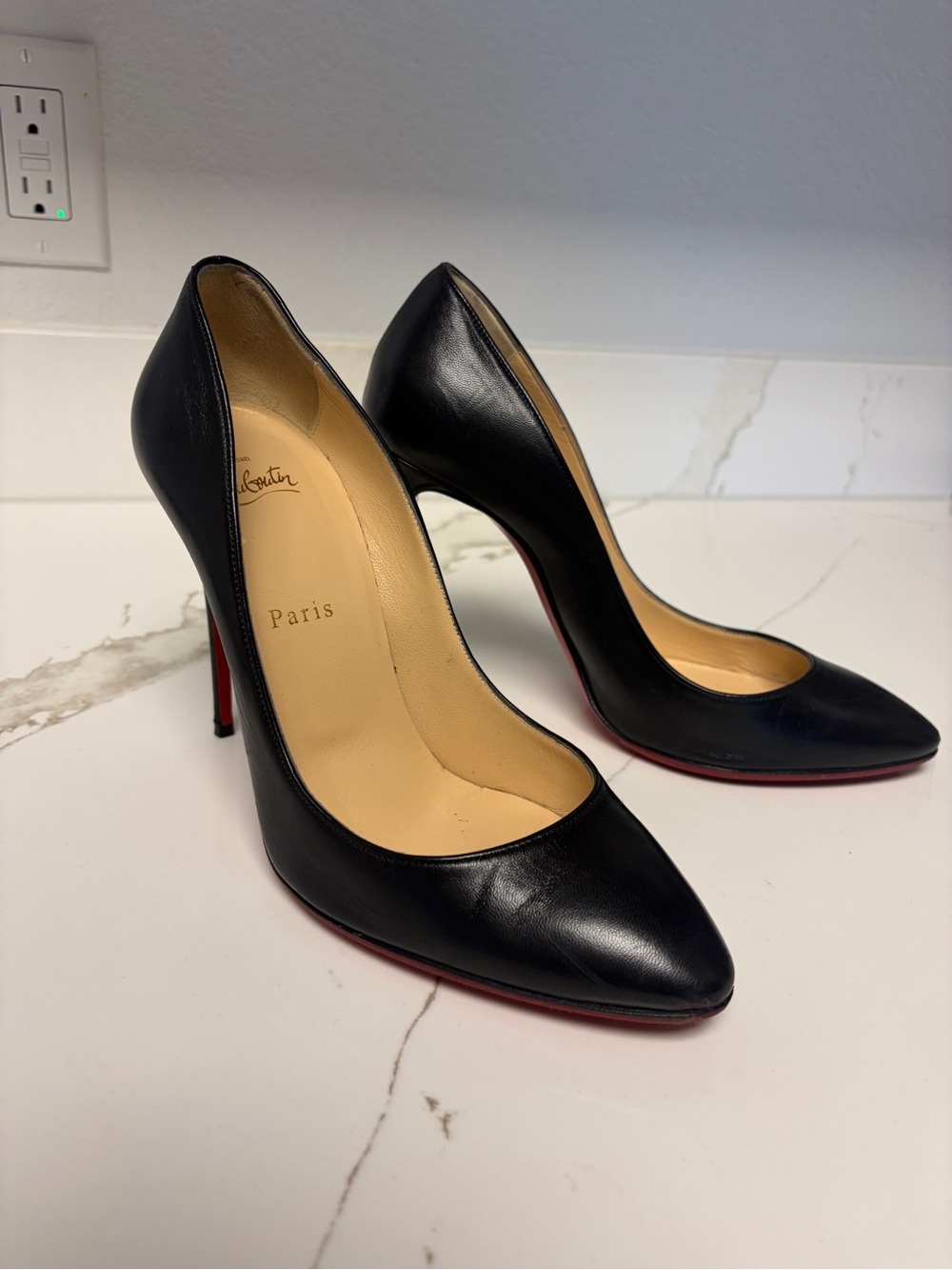Christian Louboutin Black Leather Pointed-Toe Stiletto Pumps with Red Sole